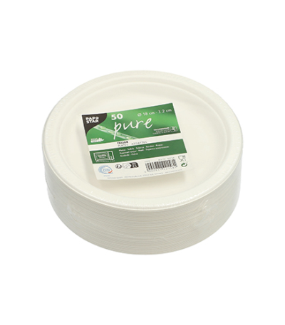 Product foto van 50 Borden van suikerriet "pure" 1-vaks Ø 18 cm · 2 cm wit