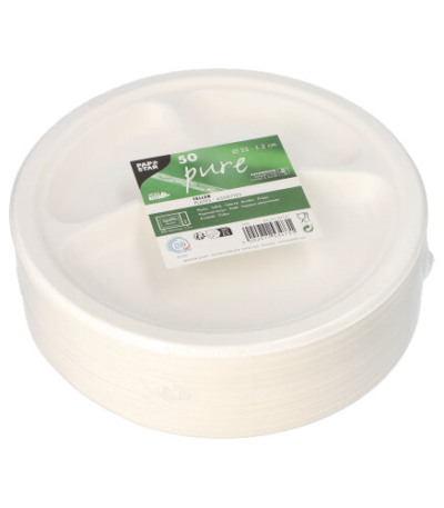 Product foto van 50 Borden van suikerriet "pure" 3-vaks Ø 23 cm · 2 cm wit