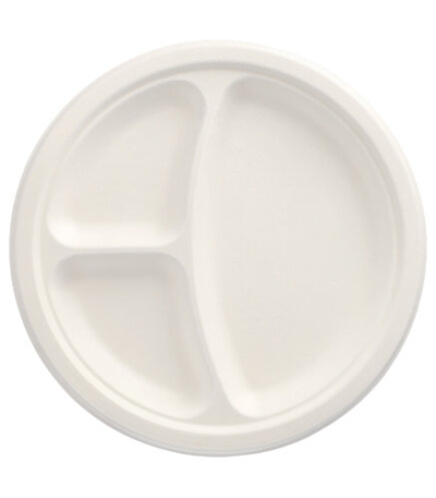 Product foto van 50 Borden van suikerriet "pure" 3-vaks Ø 23 cm · 2 cm wit