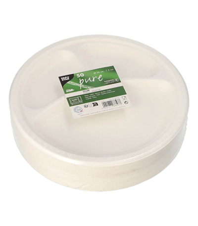 Product foto van 50 Borden van suikerriet "pure" 3-vaks Ø 26 cm · 2 cm wit