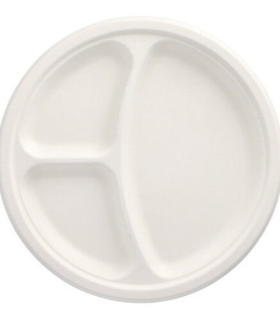 Product foto van 50 Borden van suikerriet "pure" 3-vaks Ø 26 cm · 2 cm wit