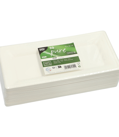 Product foto van 50 Borden van suikerriet "pure" hoekig 13 cm x 26 cm wit
