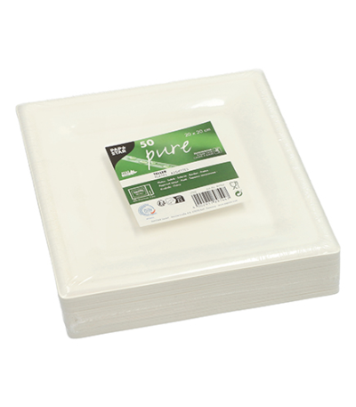 Product foto van 50 Borden van suikerriet "pure" hoekig 20 cm x 20 cm wit