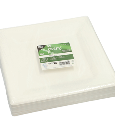 Product foto van 50 Borden van suikerriet "pure" hoekig 26 cm x 26 cm wit