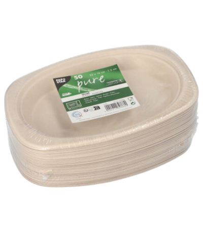 Product foto van 50 Borden van suikerriet "pure" ovaal 23 cm x 16 cm x 2 cm natuur