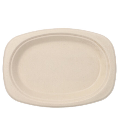 Product foto van 50 Borden van suikerriet "pure" ovaal 23 cm x 16 cm x 2 cm natuur
