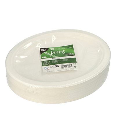 Product foto van 50 Borden van suikerriet "pure" ovaal 26 cm x 20 cm x 2 cm wit