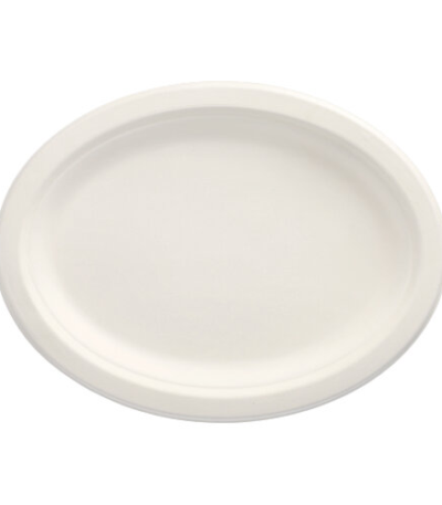 Product foto van 50 Borden van suikerriet "pure" ovaal 26 cm x 20 cm x 2 cm wit