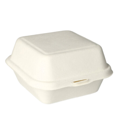 Product foto van 500 Hamburgerboxen suikerriet "pure" 8 cm x 14 cm x 15 cm