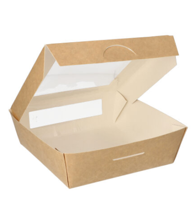 Product foto van Delicatessenverpakkingen karton bruin set van 25 1000ml met venster PLA