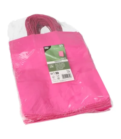 Product foto van Draagtassen papier roze set van 25 28x22x10cm met handvat
