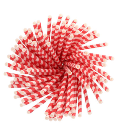 Product foto van Drinkrietjes papier rood/wit set van 100 6mm 20cm Stripes