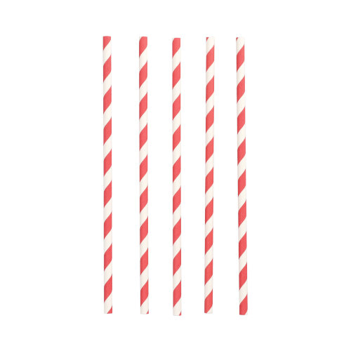 Product foto van Drinkrietjes papier rood/wit set van 100 6mm 20cm Stripes