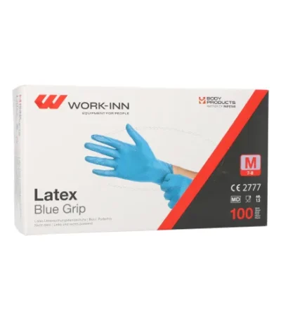 Product foto van Handschoenen latex poedervrij blauw Maat M set van 100 Blue Grip WORK-INN