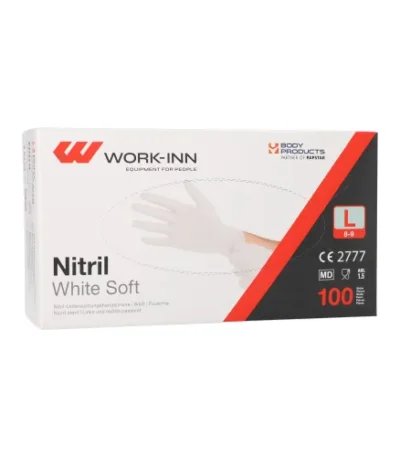 Product foto van Handschoenen nitril poedervrij wit maat L set van 100 WORK‑INN/PS