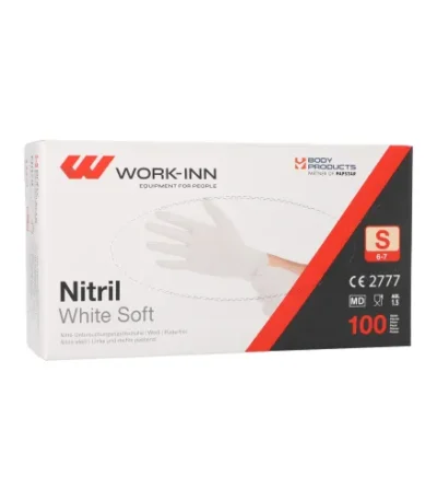 Product foto van Handschoenen nitril poedervrij wit set van 100 WORK‑INN/PS maat S