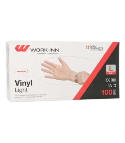 Product foto van Handschoenen vinyl gepoederd Light transparant maat L set van 100 WORK-INN