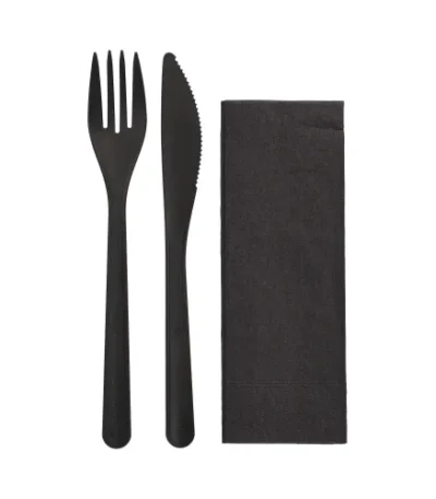 Product foto van Herbruikbare besteksets zwart set van 50 22cm PP-MF