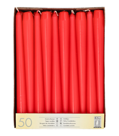 Product foto van Kandelaarskaarsen rood set van 50 2.2cm x 25cm