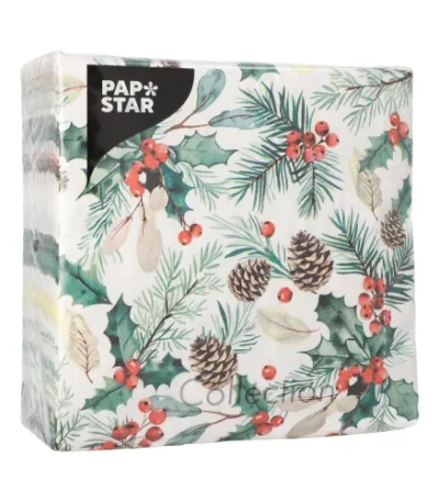 Product foto van Servetten 3-laags 1/4 vouw 33 cm x 33 cm set van 100 Mistletoe and Pinecone