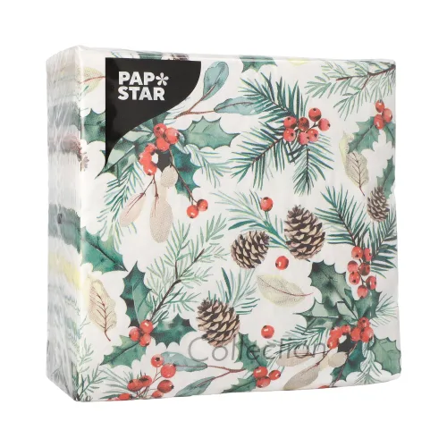 Product foto van Servetten 3-laags 1/4 vouw 33 cm x 33 cm set van 100 Mistletoe and Pinecone