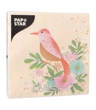 Product foto van Servetten papier 3-laags 1/4 vouw wit set van 20 33x33cm Flowery Bird