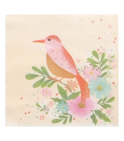 Product foto van Servetten papier 3-laags 1/4 vouw wit set van 20 33x33cm Flowery Bird