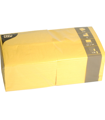 Product foto van Servetten papier 3-laags geel set van 250 33x33cm 1/8 vouw