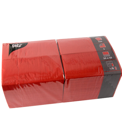 Product foto van Servetten papier 3-laags rood set van 250 33x33cm 1/8 vouw