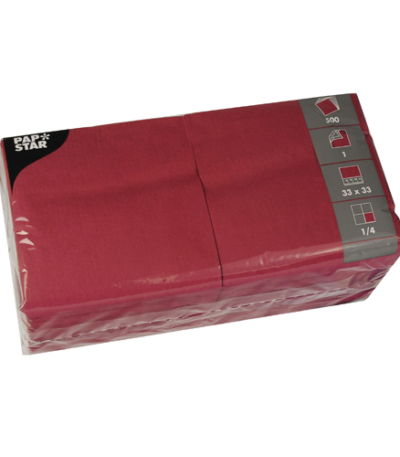 Product foto van Servetten papier wijnrood set van 500 1/4 vouw 33cm x 33cm