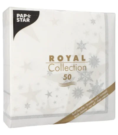 Product foto van Servetten papier wit 1/4 vouw 40 cm x 40 cm set van 50 ROYAL Collection Stars and Snowflakes