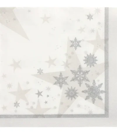 Product foto van Servetten papier wit 1/4 vouw 40 cm x 40 cm set van 50 ROYAL Collection Stars and Snowflakes