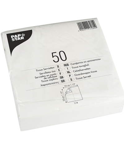 Product foto van Servetten papier wit set van 50 1/4 vouw 33cm x 33cm 2-laags