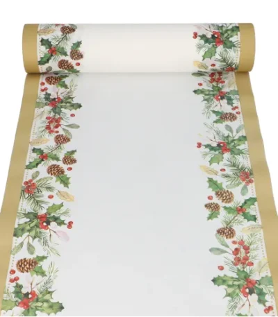 Product foto van Tafellopers airlaid 24 m x 40 cm “Mistletoe and Pinecone”