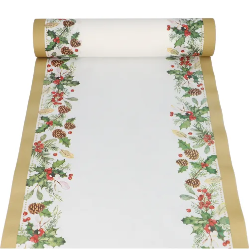 Product foto van Tafellopers airlaid 24 m x 40 cm “Mistletoe and Pinecone”