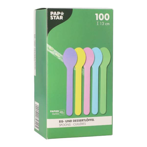Product foto van 100 IJs en dessertlepels Papier 13 cm assorti kleuren