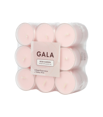 Product foto van 18 "GALA" Geurkaars Ø 38 mm · 24 mm roze - Rose Garden in behuizing van polycarbonaat