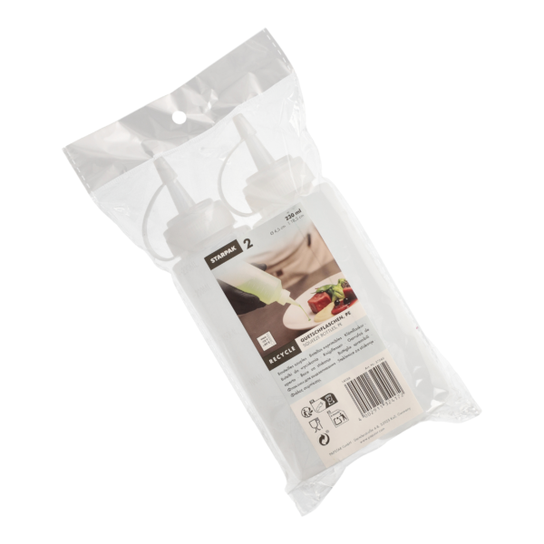 Product foto van 2 knijpflessen LDPE (virgin) rond 230 ml Ø 4
