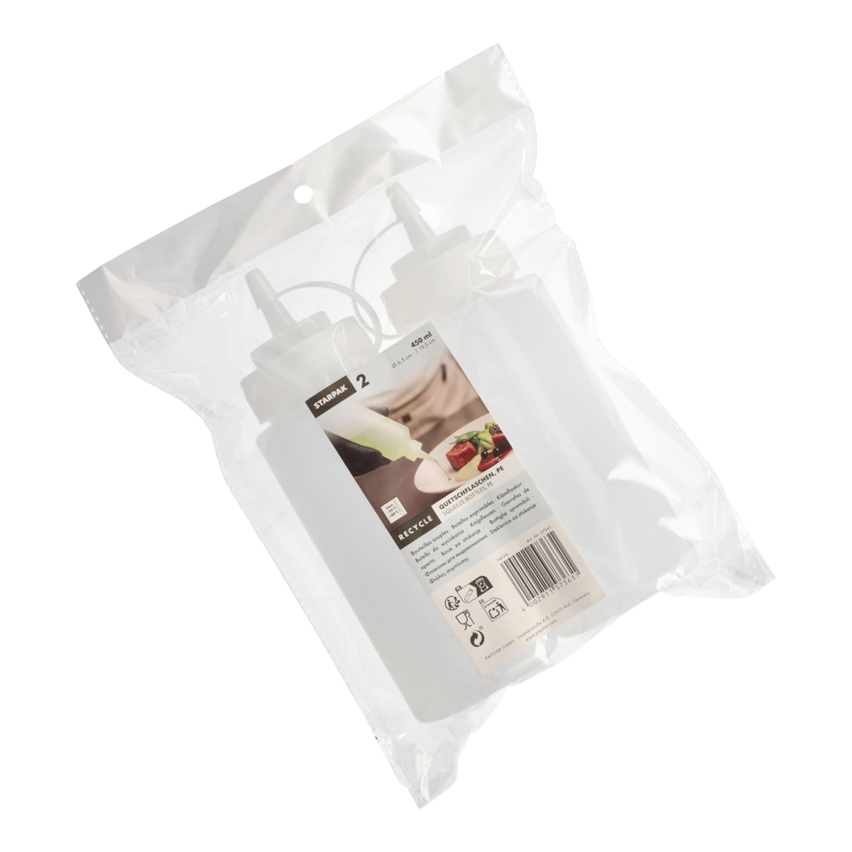 Product foto van 2 knijpflessen LDPE (virgin) rond 450 ml Ø 6