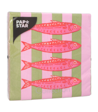 Product foto van 20 Servetten 3-laags 1/4 vouw 33 cm x 33 cm "Modern Fish"