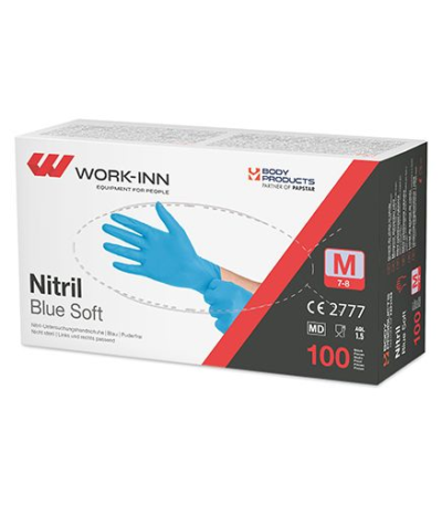Product foto van 100 "WORK-INN/PS" Handschoenen Nitril poedervrij "Blue Soft" blauw Maat: M