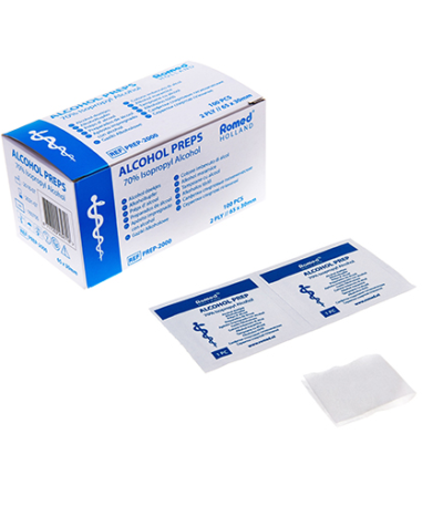 Product foto van 100 "Romed" Alkoholtupfer 65 mm x 30 mm wit