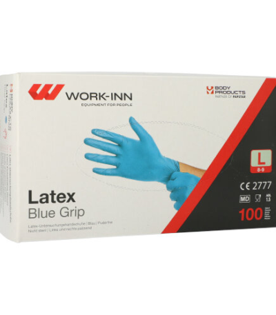 Product foto van 100 "WORK-INN" Handschoenen Latex poedervrij blauw "Blue Grip" Maat: L