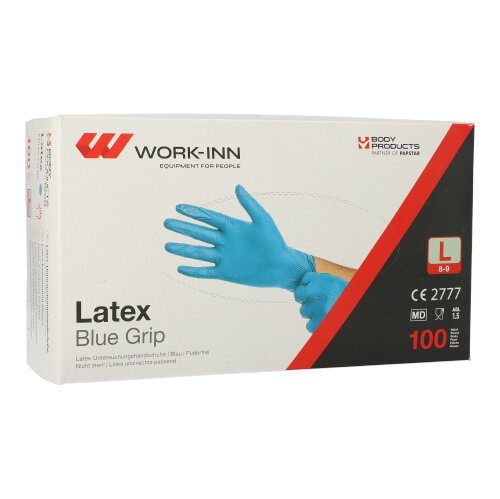 Product foto van 100 "WORK-INN" Handschoenen Latex poedervrij blauw "Blue Grip" Maat: L
