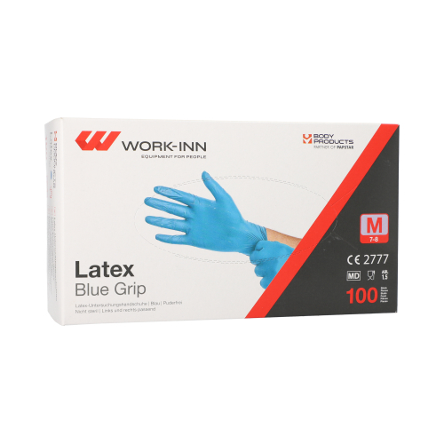 Product foto van 100 "WORK-INN" Handschoenen Latex poedervrij blauw "Blue Grip" Maat: M