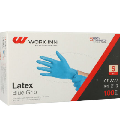 Product foto van 100 "WORK-INN" Handschoenen Latex poedervrij blauw "Blue Grip" Maat: S