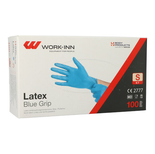 Product foto van 100 "WORK-INN" Handschoenen Latex poedervrij blauw "Blue Grip" Maat: S