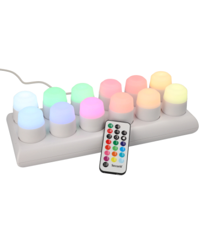 Product foto van 12 LED-Theelichten incl. laadstation Ø 4 cm · 5 cm assorti kleuren "Amsterdam" Brandduur 12–40 u