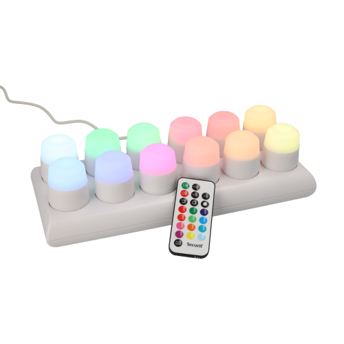 Product foto van 12 LED-Theelichten incl. laadstation Ø 4 cm · 5 cm assorti kleuren "Amsterdam" Brandduur 12–40 u