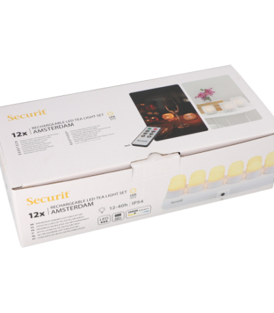 Product foto van 12 LED-Theelichten incl. laadstation Ø 4 cm · 5 cm wit "Amsterdam" Brandduur 12–40 u